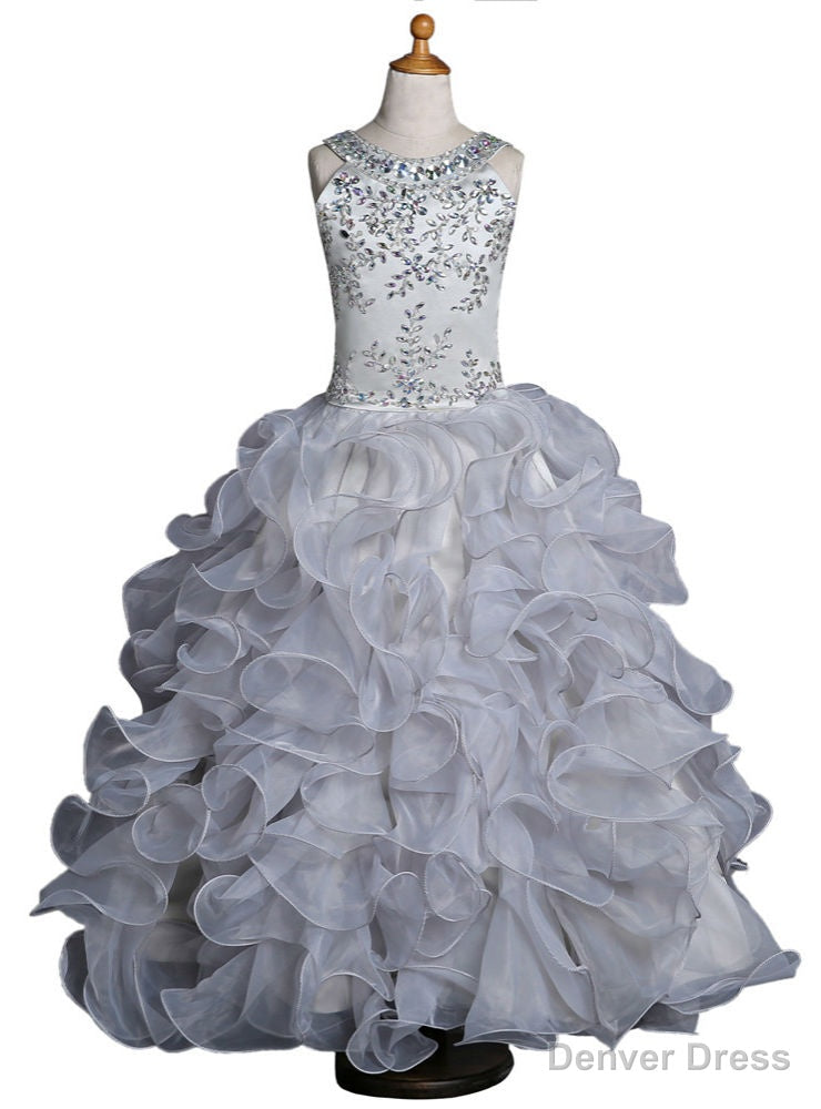 Organza Ruffles Gray Girls Pageant Dresses For Weddings Ball Gowns