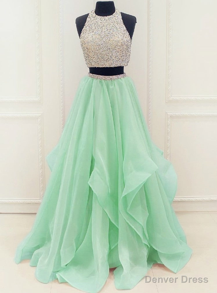 Organza Ruffles Two Piece Beading Sequins Prom Dresses