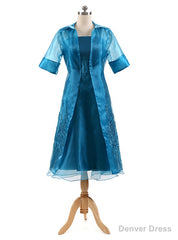 Organza Three Quarters Sleeves Tea Length Mother of the Bride Dress with Jacket
