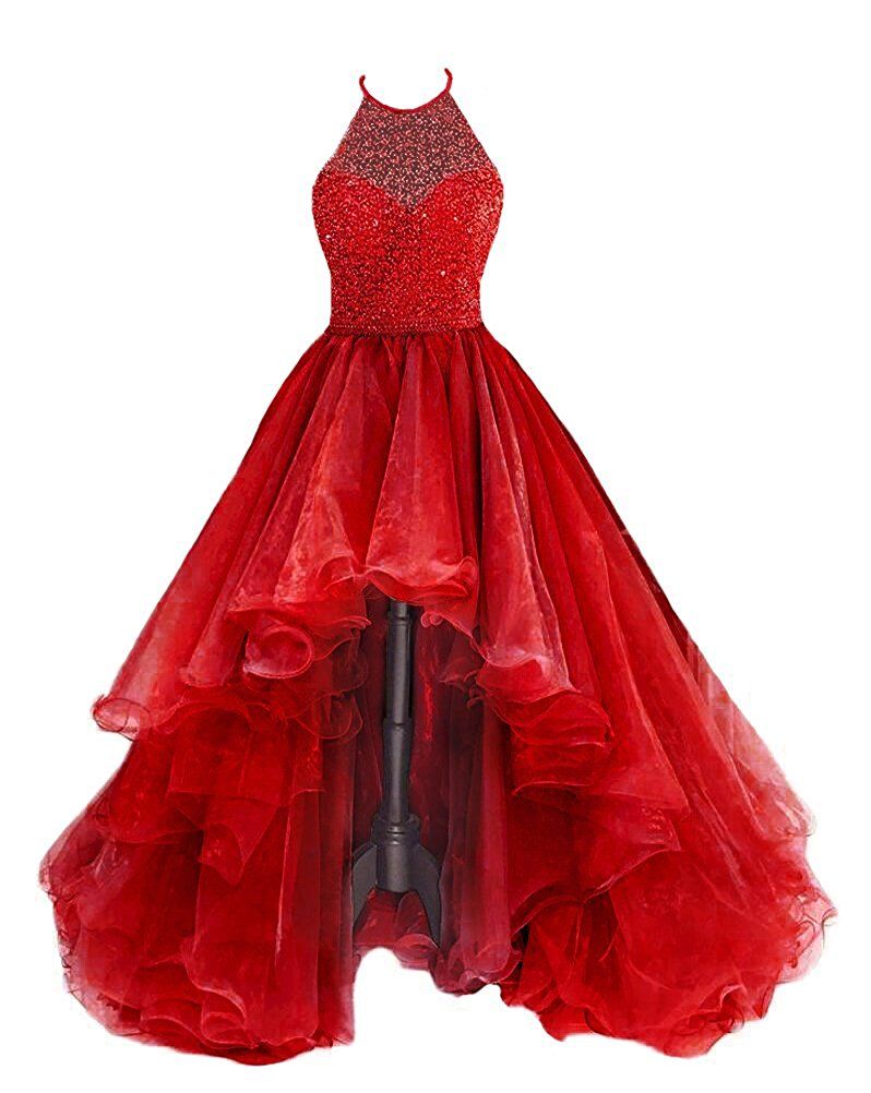 Organza With Beaded Bodice Halter High Low Prom Dress,Pageant Dresses