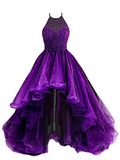 Organza With Beaded Bodice Halter High Low Prom Dress,Pageant Dresses