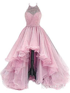 Organza With Beaded Bodice Halter High Low Prom Dress,Pageant Dresses