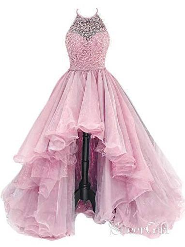 Organza With Beaded Bodice Halter High Low Prom Dress,Pageant Dresses