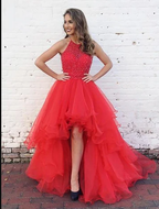 Organza With Beaded Bodice Halter High Low Prom Dress,Pageant Dresses