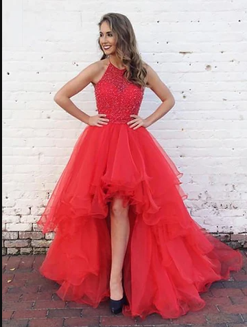 Organza With Beaded Bodice Halter High Low Prom Dress,Pageant Dresses