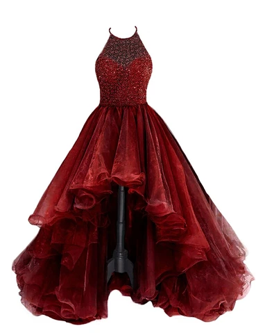 Organza With Beaded Bodice Halter High Low Prom Dress,Pageant Dresses