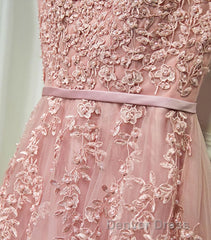 Pink Lace Tulle Long A Line Prom Dresses, Pink Evening Dresses, 1
