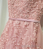 Pink Lace Tulle Long A Line Prom Dress, Pink Prom Dresses, 1