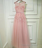 Pink Lace Tulle Long A Line Prom Dress, Pink Prom Dresses, 1