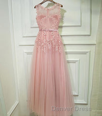 Pink Lace Tulle Long A Line Prom Dresses, Pink Evening Dresses, 1