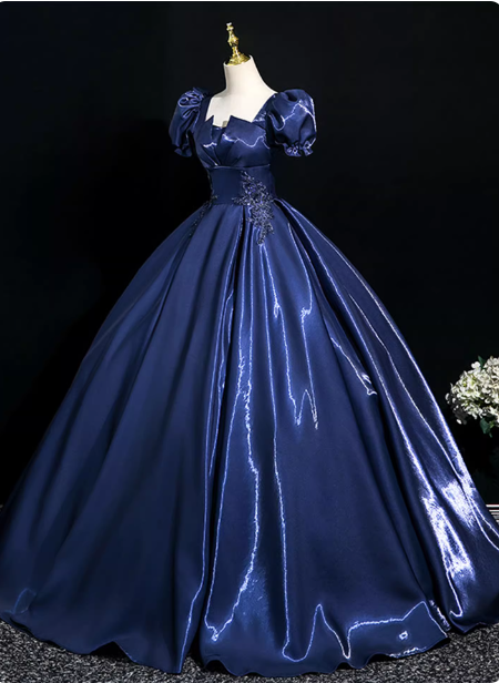 Palace Vintage Navy Blue Puffed Sleeve Embroidered Satin Long Prom Dresses Evening Dresses