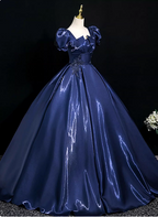 Palace Vintage Navy Blue Puffed Sleeve Embroidered Satin Long Prom Dresses Evening Dresses
