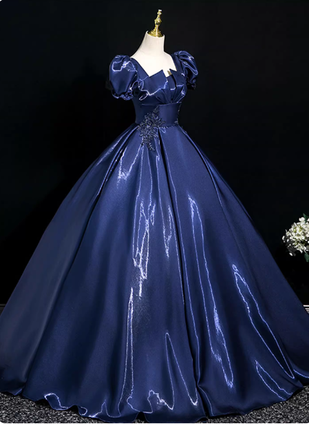 Palace Vintage Navy Blue Puffed Sleeve Embroidered Satin Long Prom Dresses Evening Dresses