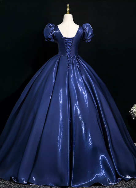 Palace Vintage Navy Blue Puffed Sleeve Embroidered Satin Long Prom Dresses Evening Dresses