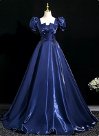 Palace Vintage Navy Blue Puffed Sleeve Embroidered Satin Long Prom Dresses Evening Dresses