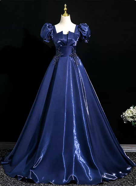 Palace Vintage Navy Blue Puffed Sleeve Embroidered Satin Long Prom Dresses Evening Dresses