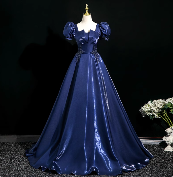Palace Vintage Navy Blue Puffed Sleeve Embroidered Satin Long Prom Dresses Evening Dresses Main image