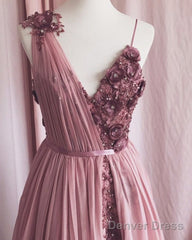 Pale Pink Tulle V Neck Dresses 3D Flowers Embroidery
