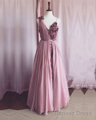 Pale Pink Tulle V Neck Dresses 3D Flowers Embroidery