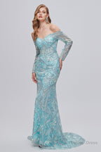 Pastel Blue Sparkly Embroidery Long Sleeve Mermaid Evening Dresses