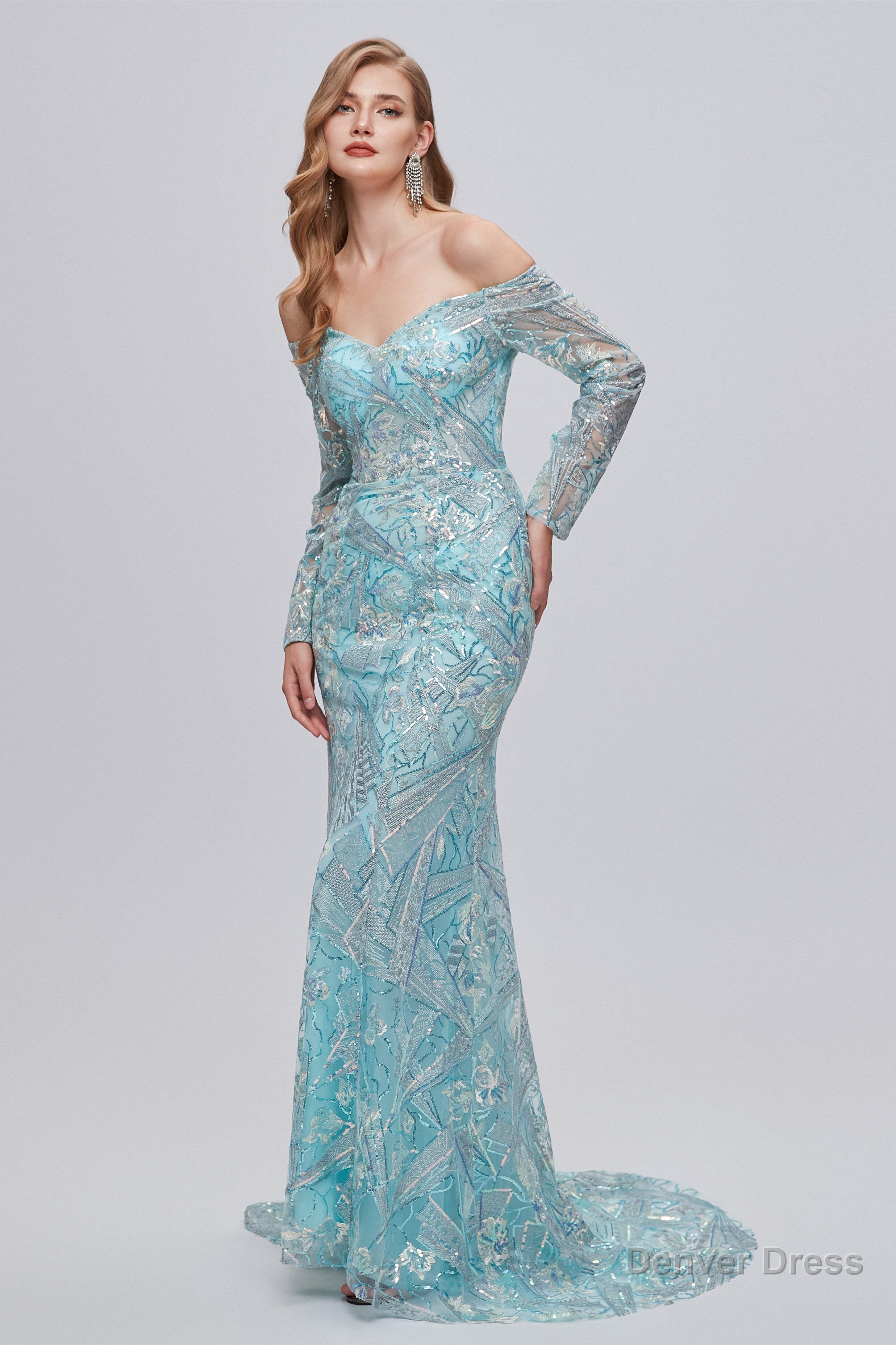 Pastel Blue Sparkly Embroidery Long Sleeve Mermaid Evening Dresses