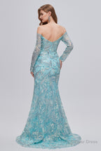 Pastel Blue Sparkly Embroidery Long Sleeve Mermaid Evening Dresses