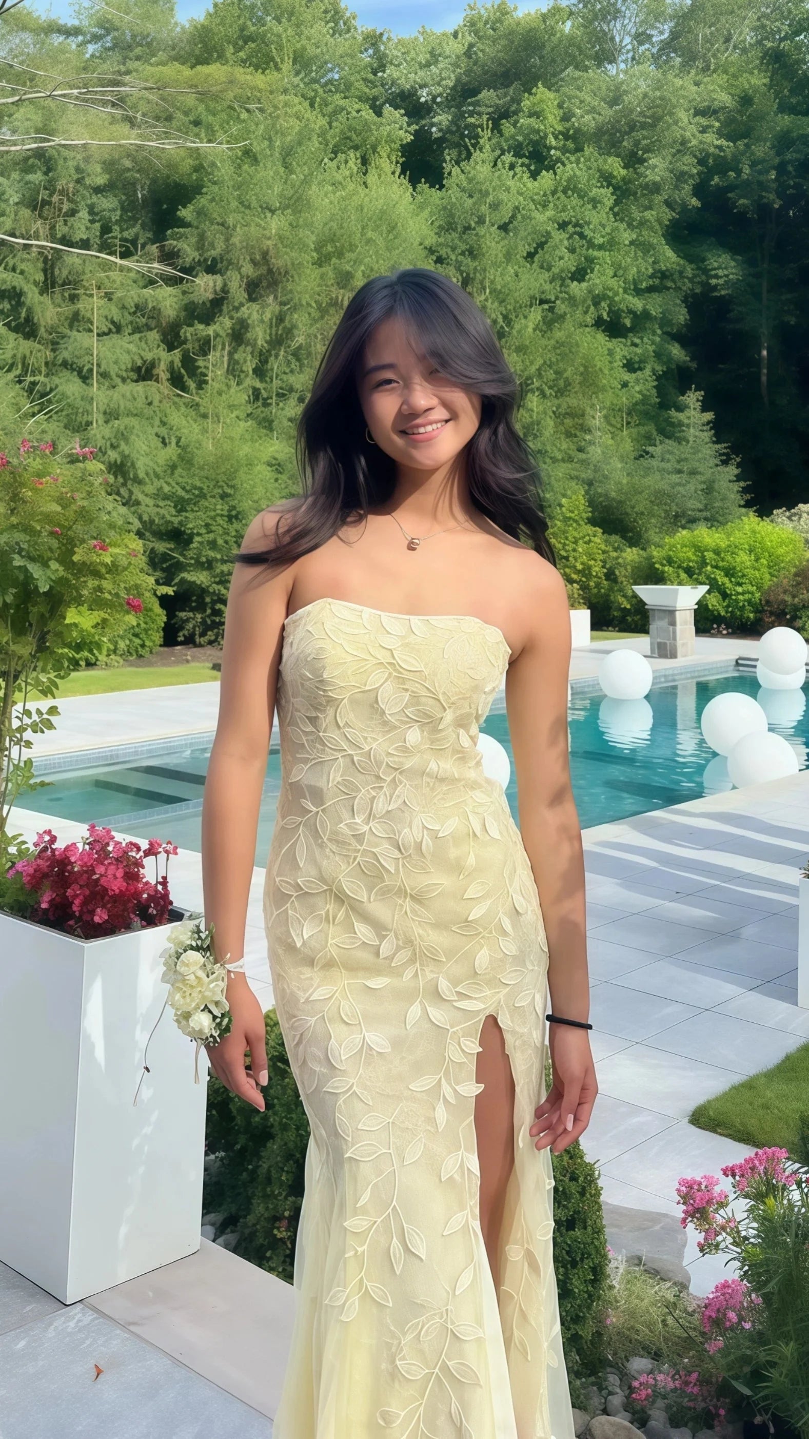 Pastel Yellow Lace Strapless Long Prom Dresses With Side Slit
