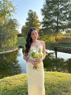 Pastel Yellow Prom Dress, Elegant Lace Prom Dresses