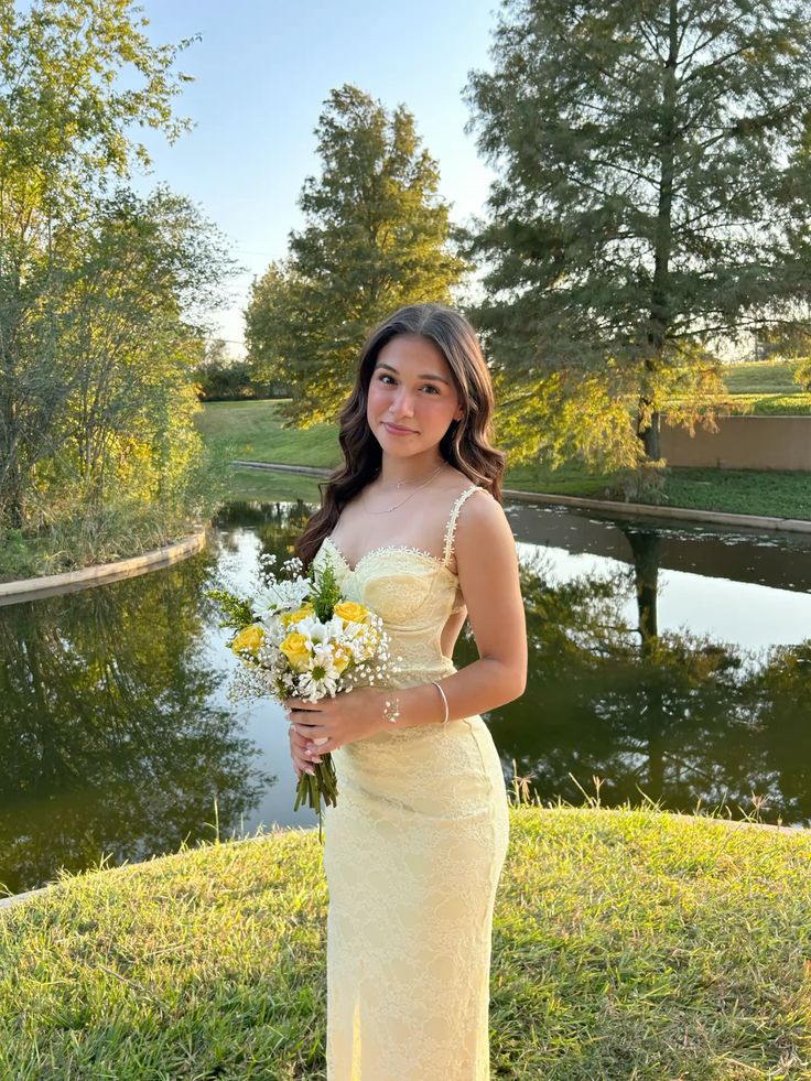 Pastel Yellow Prom Dress, Elegant Lace Prom Dresses