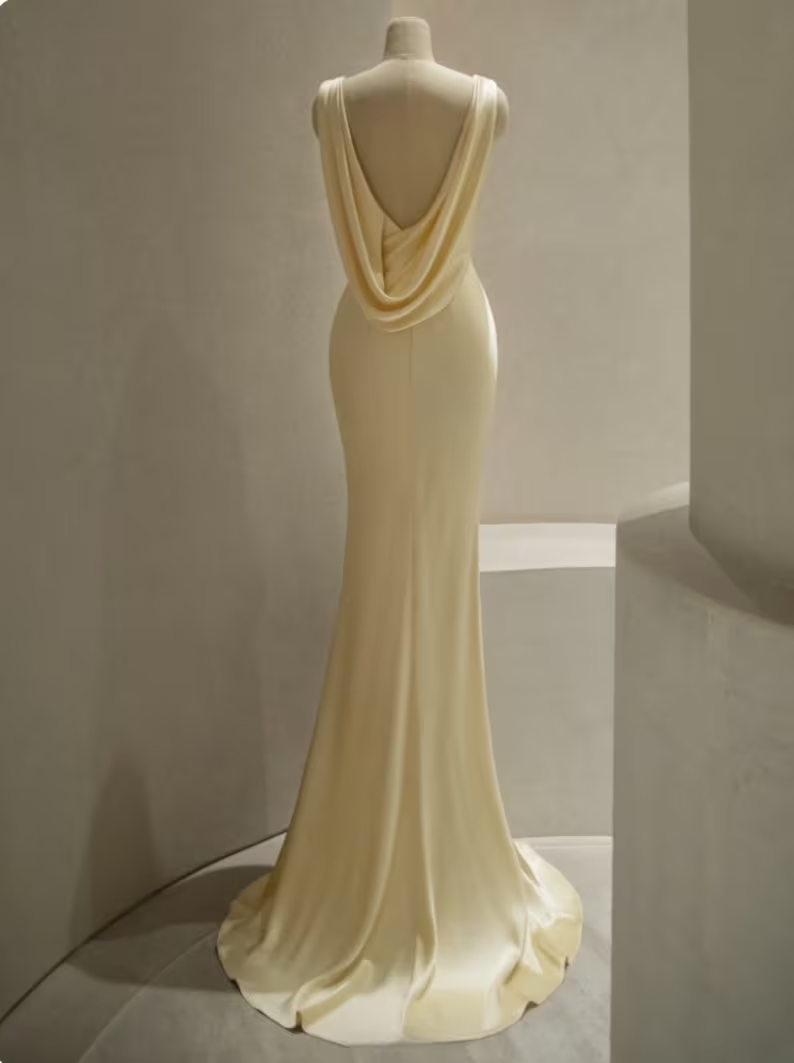 Pastel Yellow Satin Backless Mermaid Long Prom Dresses Secondary image