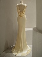 Pastel Yellow Satin Backless Mermaid Long Prom Dresses