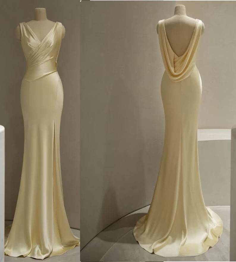 Pastel Yellow Satin Backless Mermaid Long Prom Dresses Main image