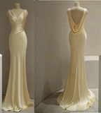 Pastel Yellow Satin Backless Mermaid Long Prom Dresses