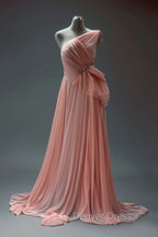 Peach A-Line One Shoulder Chiffon Long Prom Dresses Simple Bridal Dresses