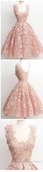 Peach Lace Scoop Neckline Short Cute Homecoming Dresses
