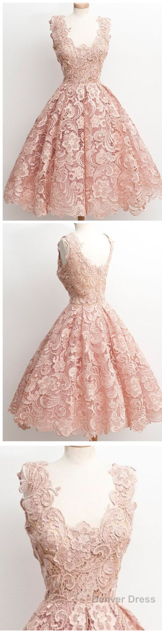 Peach Lace Scoop Neckline Short Cute Homecoming Dresses