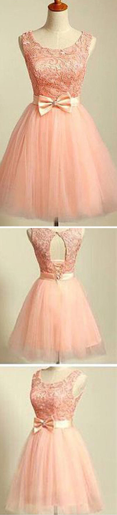Peach Pink lace lovely for teens modest formal homecoming dress