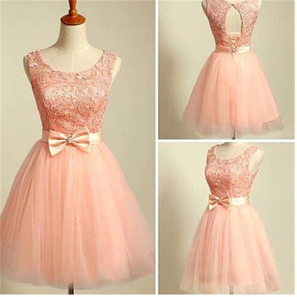 Peach Pink lace lovely for teens modest formal homecoming dress Main image