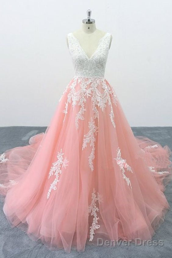 Peach Pink Tulle Cathedral Train Lace Wedding Dress, Formal Halter Prom Dress Main image