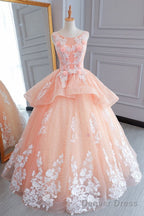 Peach Pink Tulle Princess Sweet 16 Prom Dress, Quinceanera Dress Prom Dresses