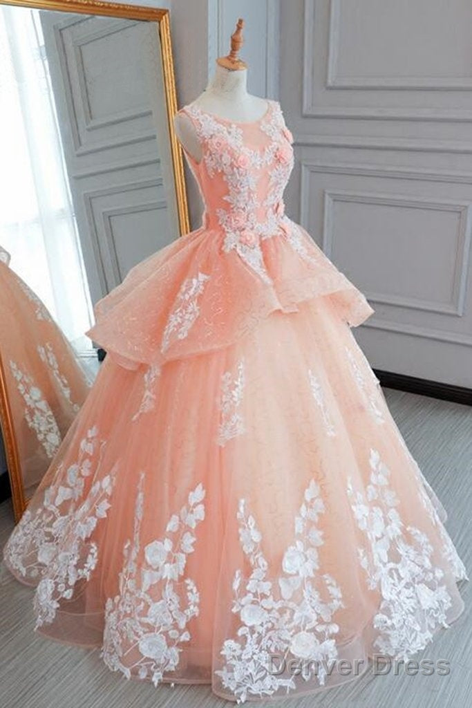 Peach Pink Tulle Princess Sweet 16 Prom Dress, Quinceanera Dress Prom Dresses