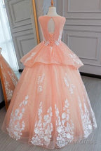Peach Pink Tulle Princess Sweet 16 Prom Dress, Quinceanera Dress Prom Dresses