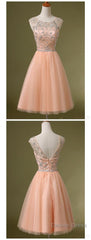 Peach Tulle Beaded Short Cute Homecoming Dresses