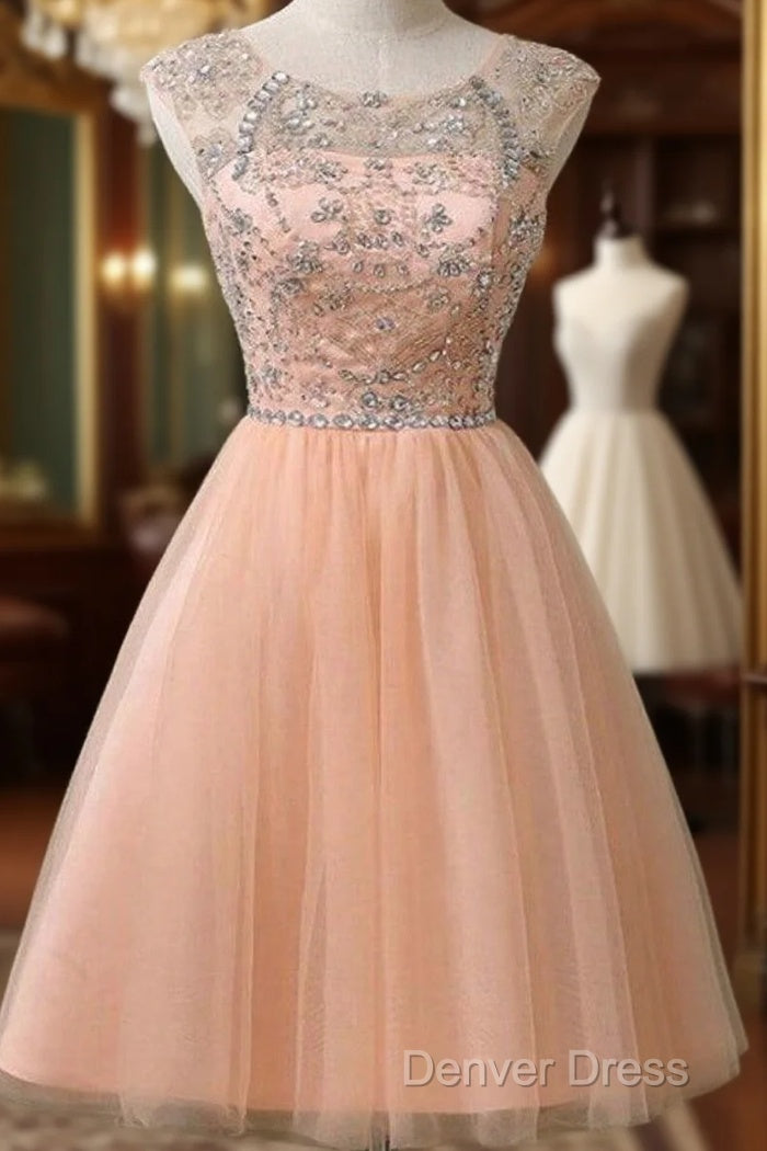 Peach Tulle Beaded Short Cute Homecoming Dresses