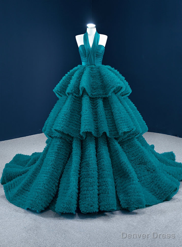 Peacock Blue Ball Gowns Tulle Halter Tiers Prom Dresses