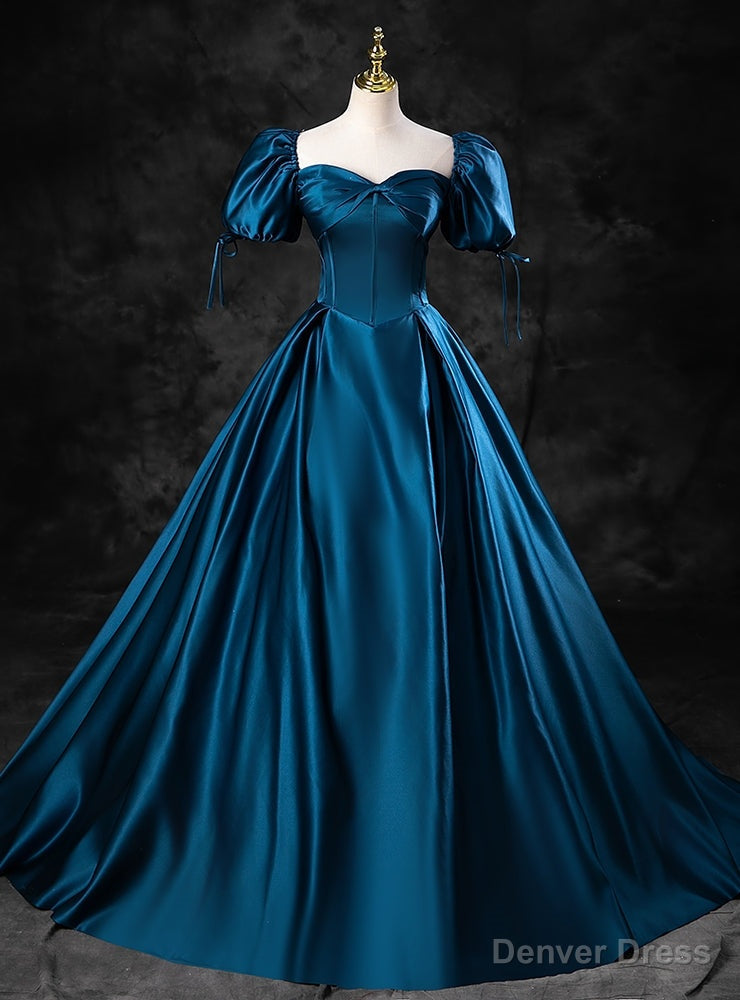 Peacock Blue Satin Sweetheart Puff Sleeve Quinceanera Dresses