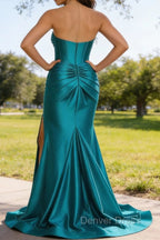 Peacock Mermaid Sweetheart Corset Long Prom Dresses with Slit
