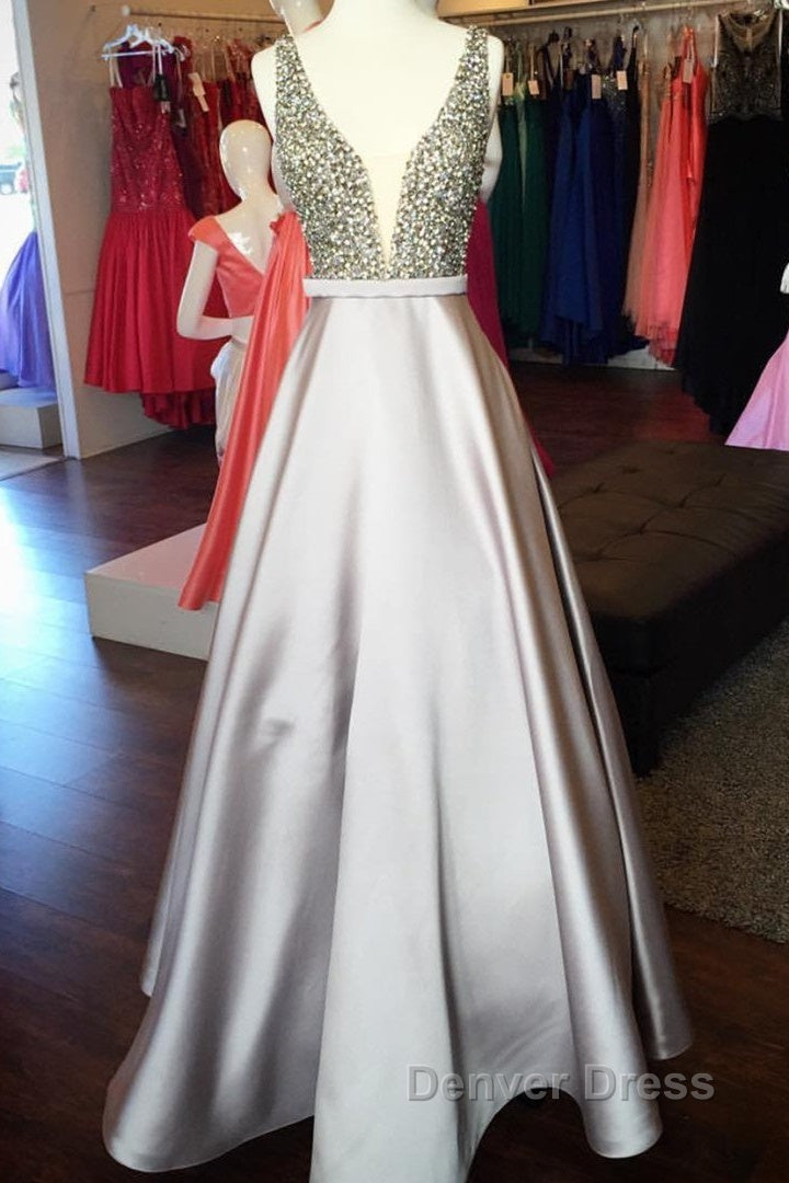 Pearl Beaded V Neck Long Silver Satin Prom Dresses Floor Length Secondary image