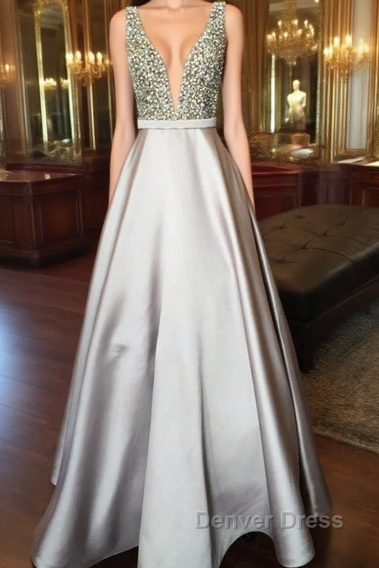 Pearl Beaded V Neck Long Silver Satin Prom Dresses Floor Length Main image