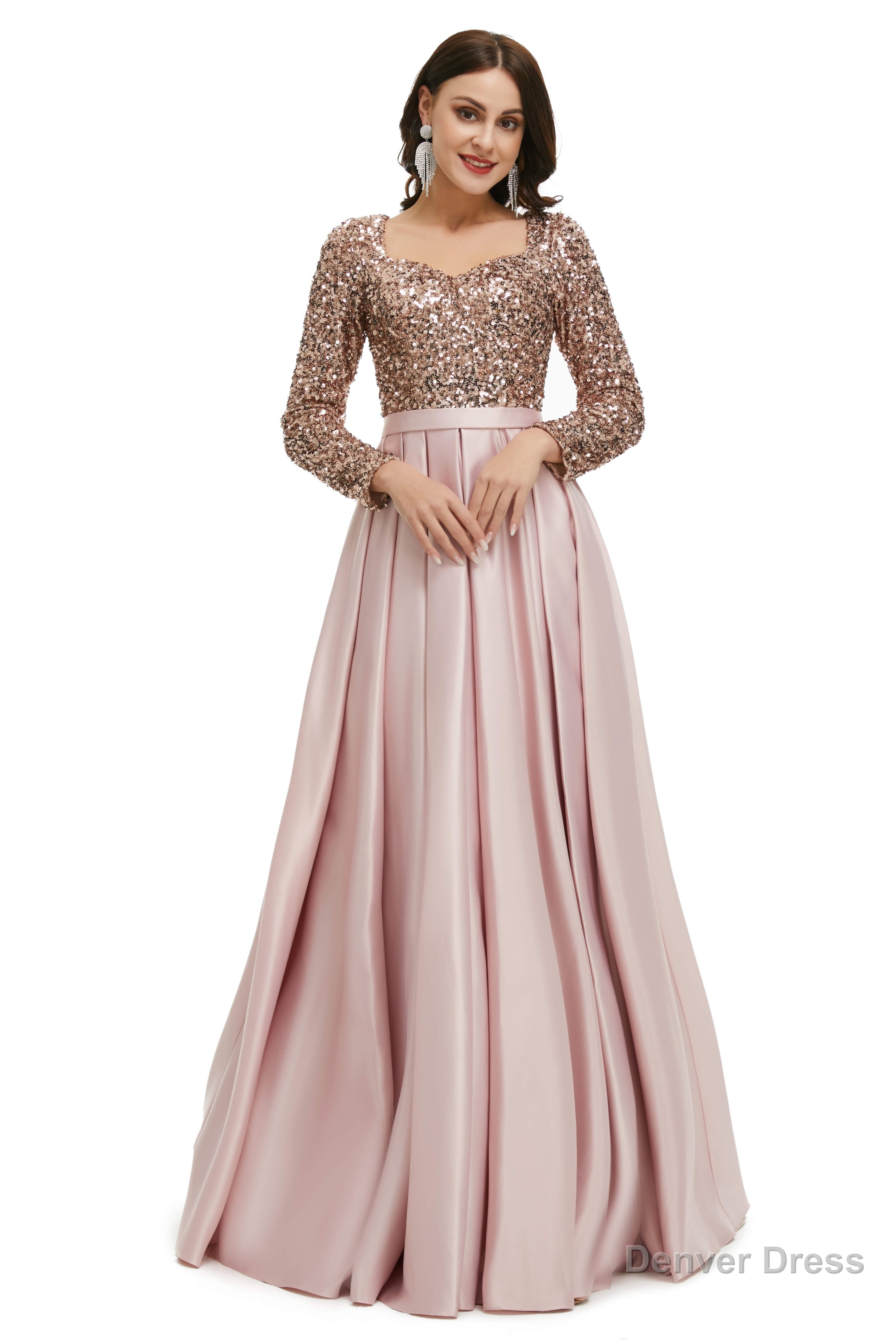 A Line Sequins Sweet Neck Long Sleeve Prom Dresses